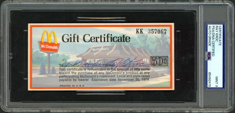 Ray Kroc McDonald's Signed 2.75x6 50 Cent 1974 Gift Certificate Auto 9! PSA Slab