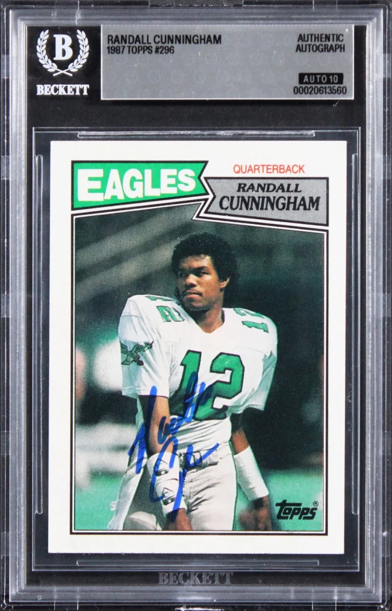 Eagles Randall Cunningham Signed 1987 Topps #296 Card Auto Grade 10! BAS Slabbed