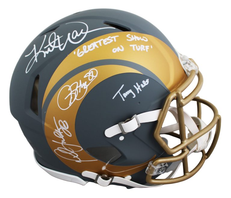 Rams (4) Bruce, Warner, Faulk +1 Signed Slate F/S Speed Proline Helmet BAS Wit