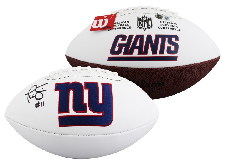 Giants Phil Simms Signed Wilson White Panel Logo Football BAS Witnessed