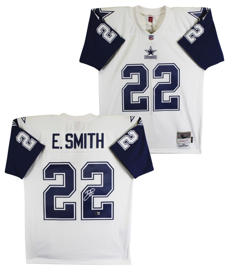 Cowboys Emmitt Smith Signed White Thanksgiving M&N Jersey BAS Witnessed