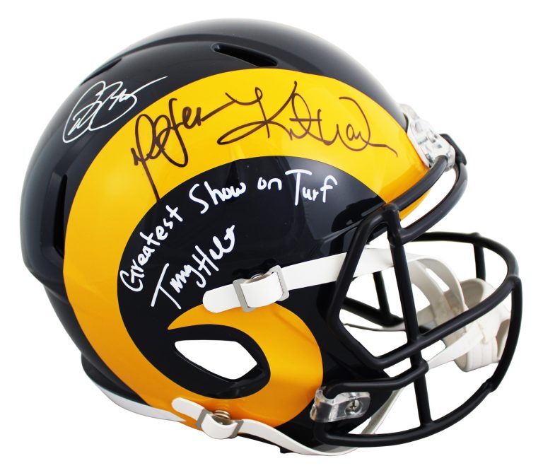 Rams (4) Bruce, Warner, Faulk & Holt Signed 81-99 TB F/S Speed Rep Helmet BAS W