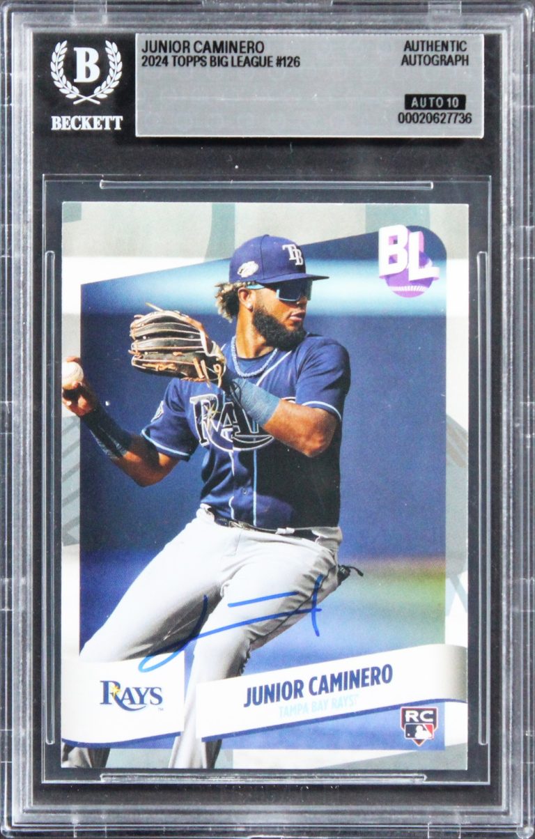 Rays Junior Caminero Signed 2024 Topps Big League #126 RC Card Auto 10! BAS Slab