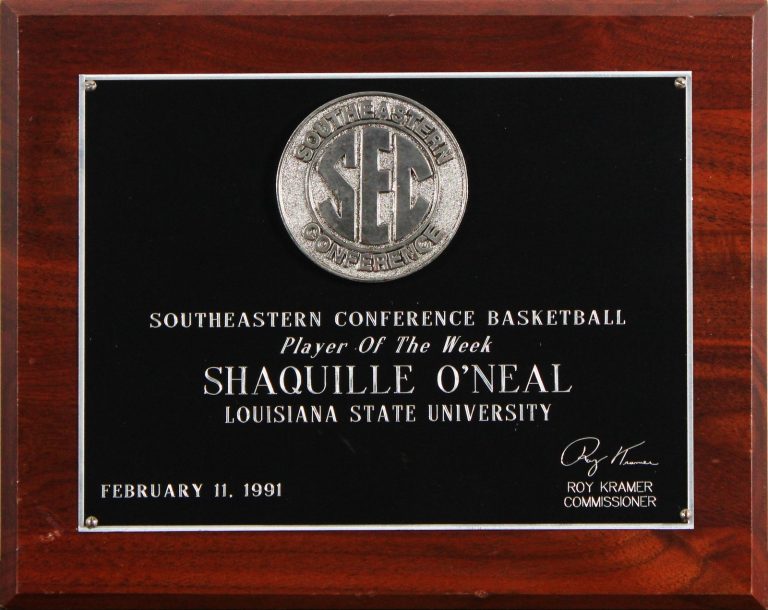 Shaquille O'Neal February 11, 1991 SEC Player of the Week Plaque Un-signed