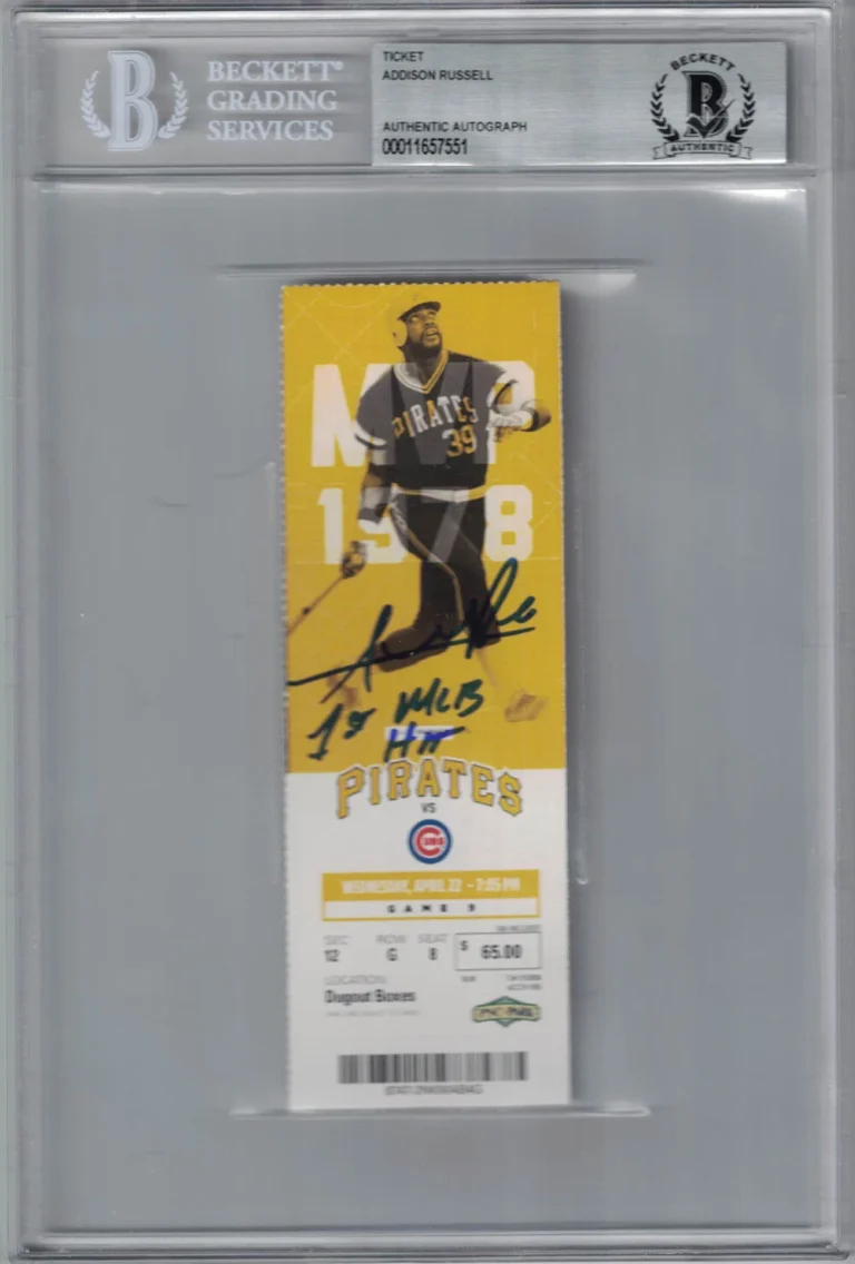 Addison Russell Autographed Chicago Cubs Ticket 1st MLB Hit BAS Slab 25282