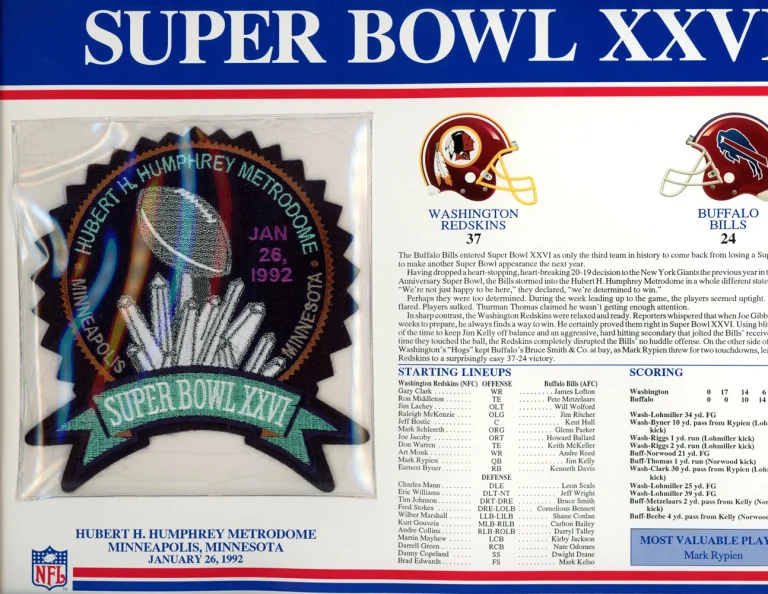 Super Bowl XXVI Patch Stat Card Official Willabee & Ward 35720