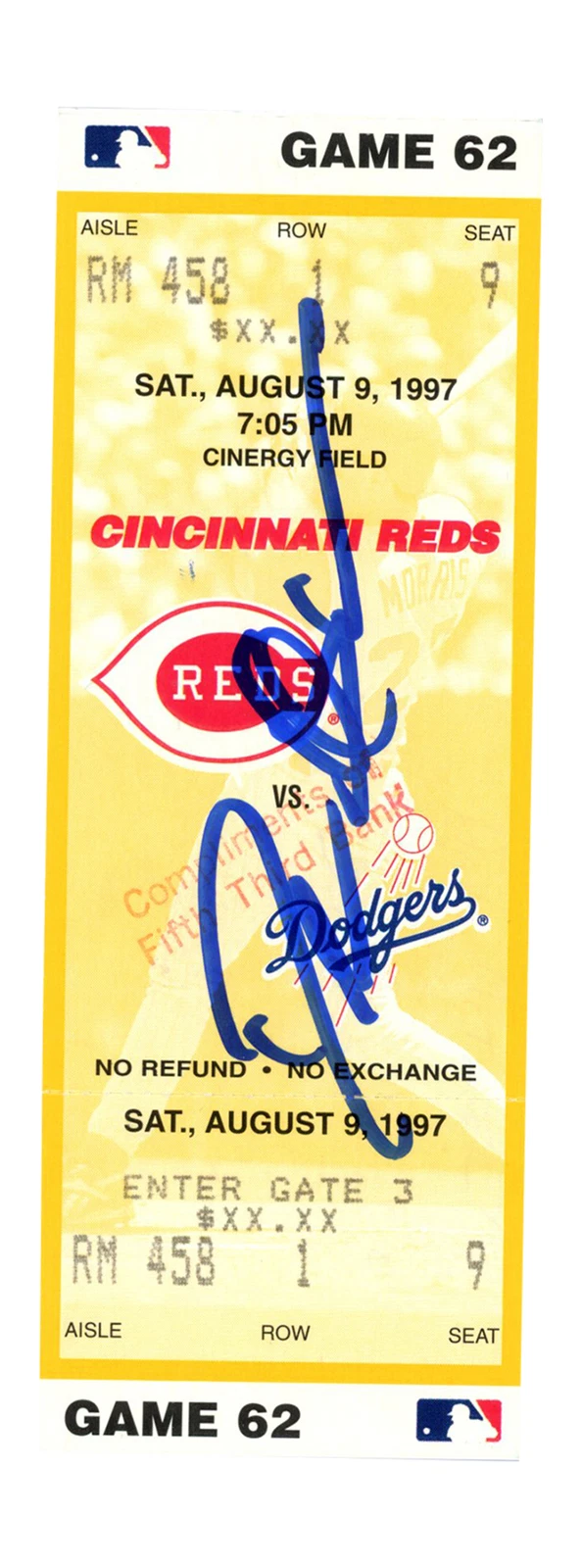 Deion Sanders Signed Cincinnati Reds 8/9/1997 vs Dodgers Ticket BAS 37229