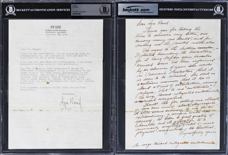 Ayn Rand Authentic Signed 7.25x10 Typed Letter Dated Nov. 29, 1946 BAS Slabbed