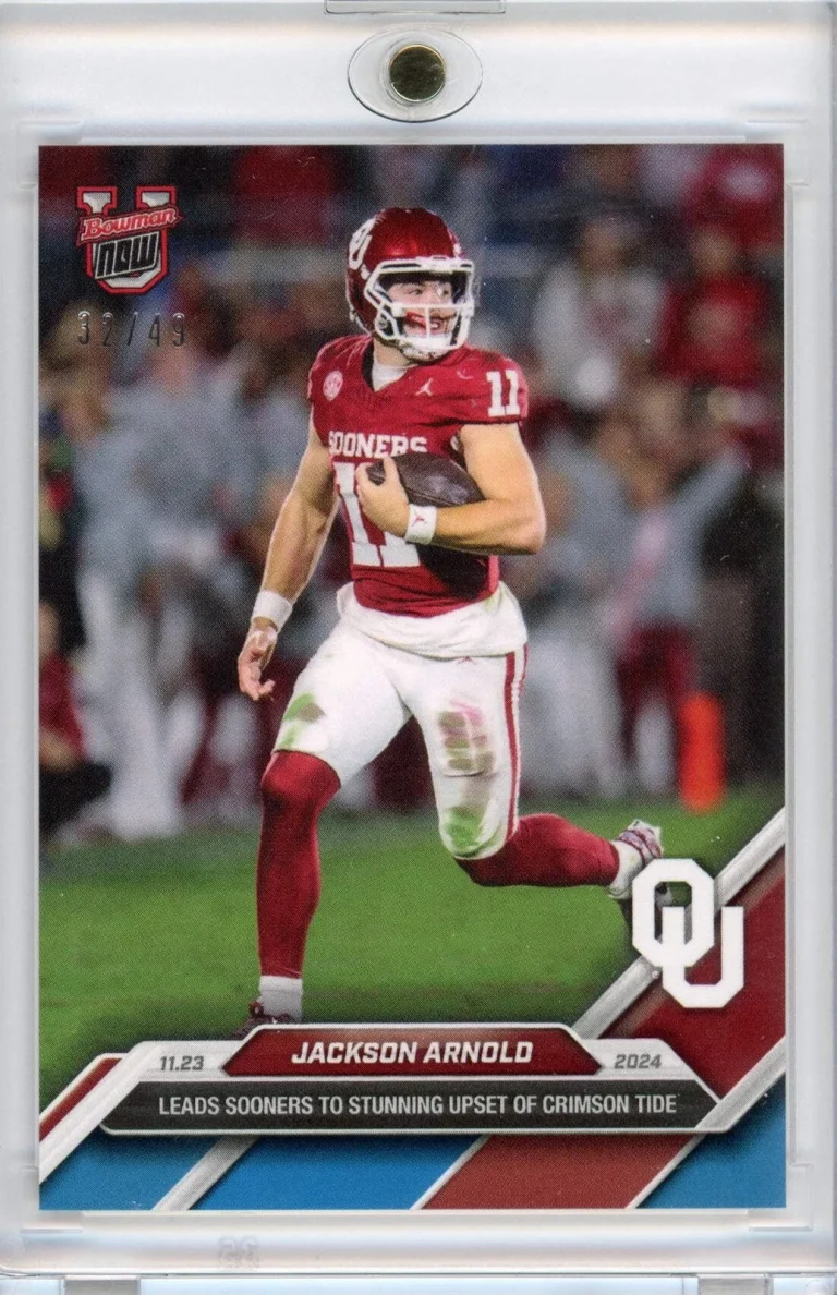 2024 Bowman U Now Jackson Arnold #46 Blue /49 Oklahoma Sooners RC Football Card