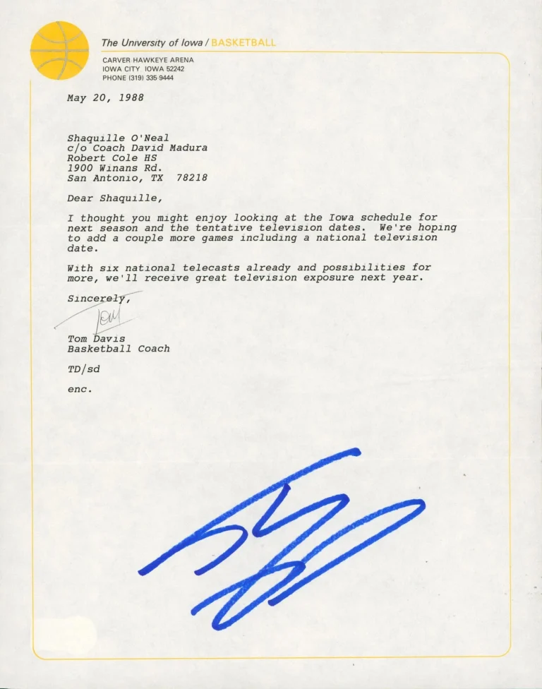 Shaquille O'Neal & Tom Davis Signed 1988 Iowa University Envelope & Letter BAS