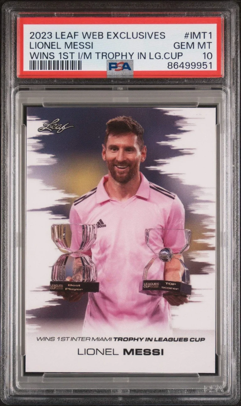 Graded 2023 Leaf Web Exclusives Lionel Messi #IMT1 1st Miami Trophy Card PSA 10
