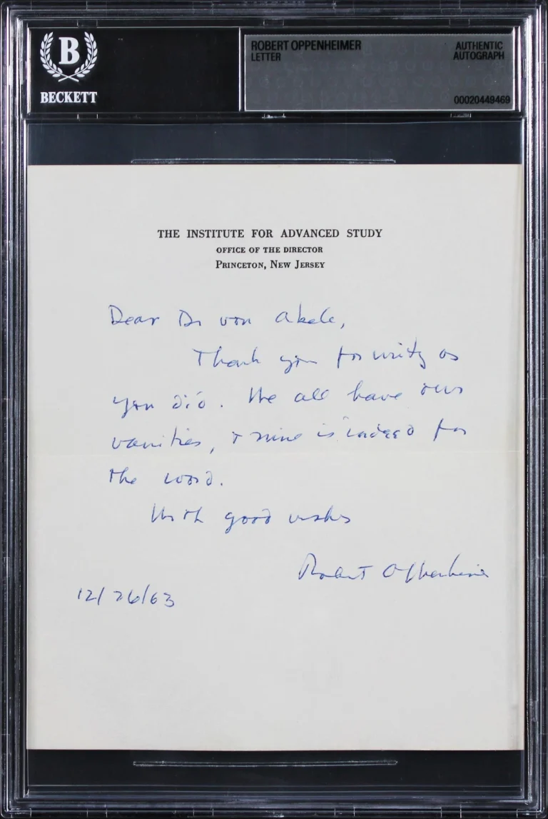 Robert Oppenheimer Signed 5.5x6.5 12/26/1963 Handwritten Letter BAS Slabbed