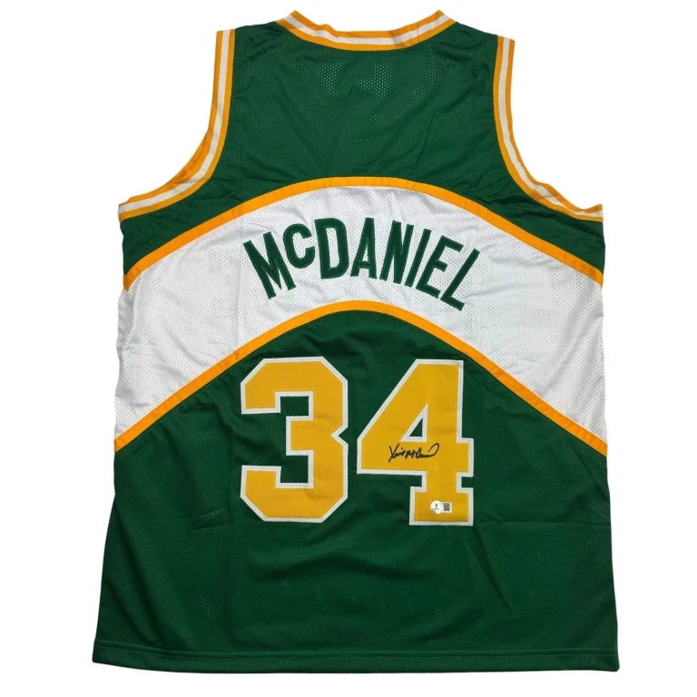 Autographed/Signed Xavier McDaniel Seattle Green Basketball Jersey BAS COA