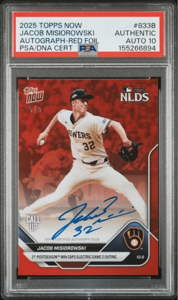 Graded 2025 Topps Jacob Misiorowski #833B Auto Red /5 RC AUTH Auto PSA 10