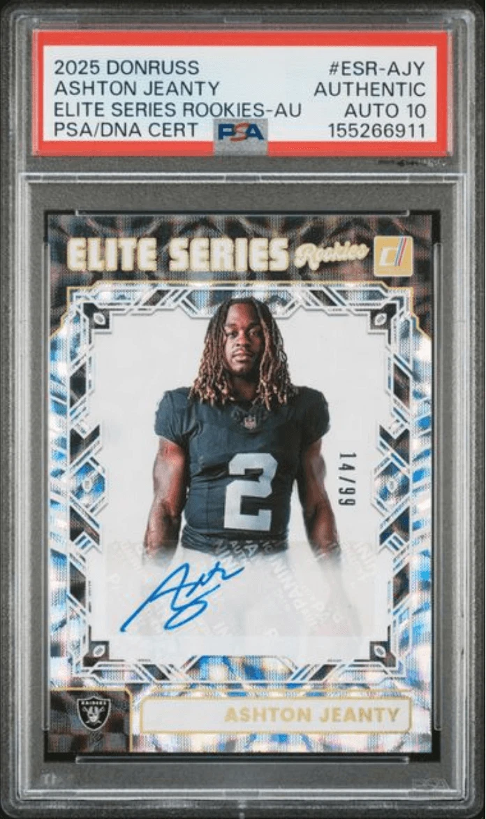 Graded 2025 Donruss Ashton Jeanty #ESRAJY Auto /99 Rookie AUTH Auto PSA 10