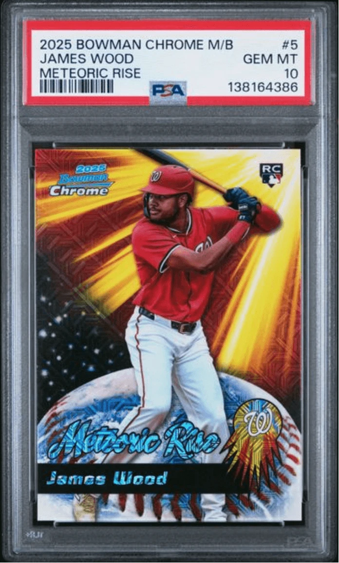 Graded 2025 Bowman Chrome MB James Wood #5 Meteoric Rise Rookie Card PSA 10