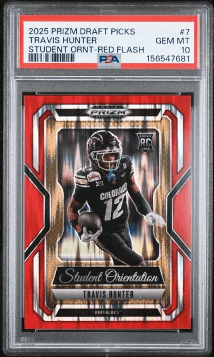 Graded 2025 Prizm DP Travis Hunter #7 Red Flash /49 RC Football Card PSA 10