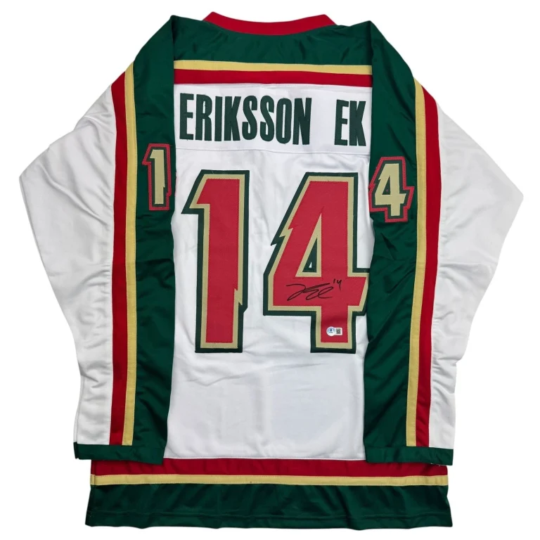 Autographed/Signed Joel Eriksson Ek Minnesota White Hockey Jersey BAS COA