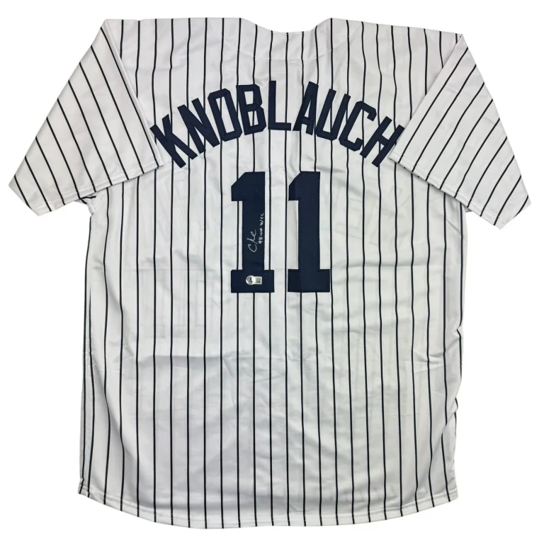 Autographed/Signed Chuck Knoblauch NY Pinstripe Baseball Jersey BAS COA