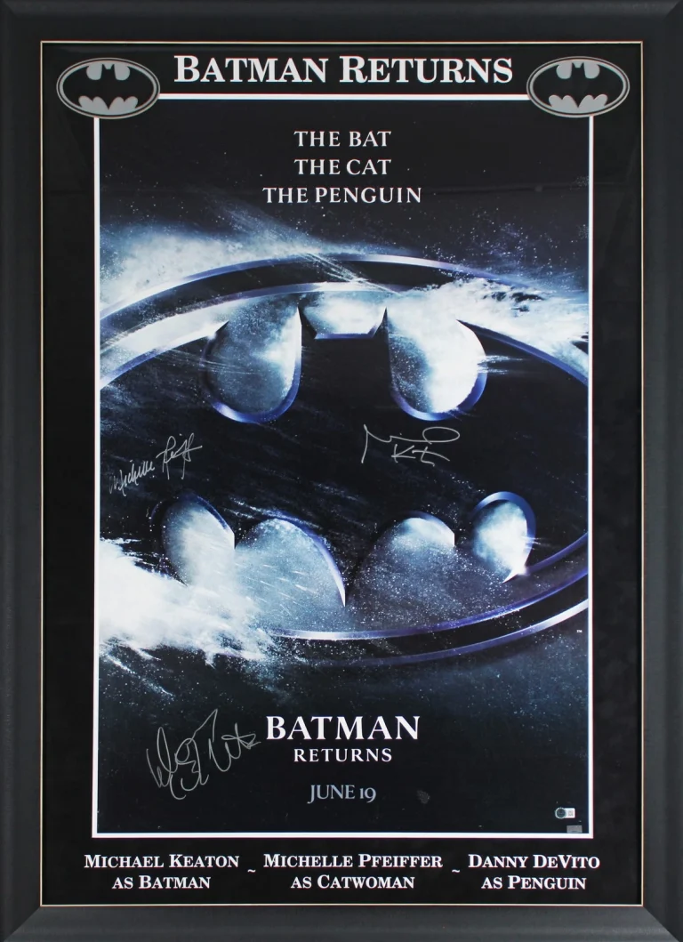 Batman Returns (3) Keaton, Pfeiffer & DeVito Signed & Framed 27x40 Poster BAS