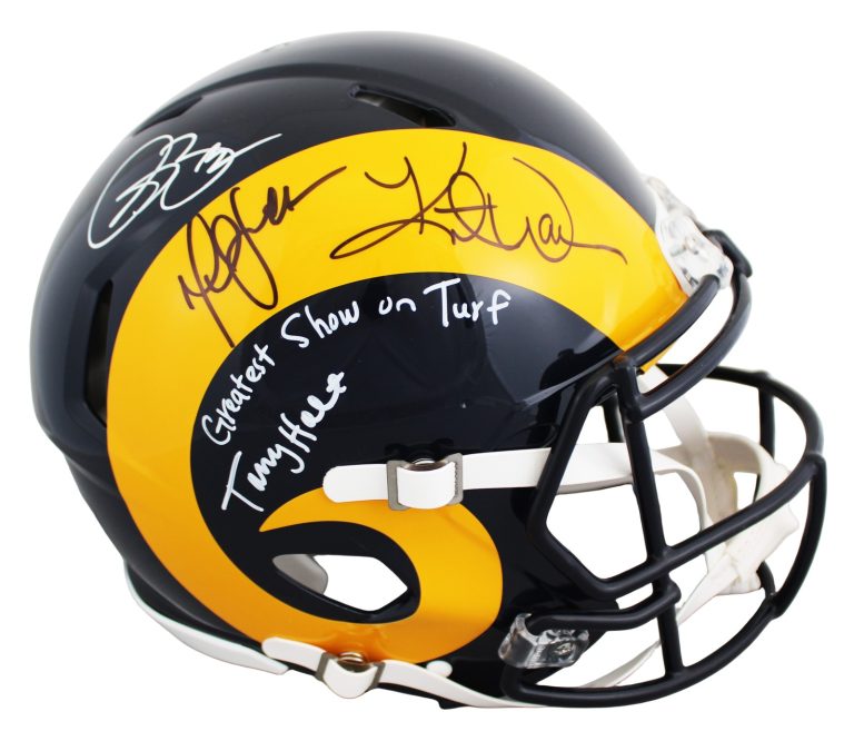 Rams (4) Bruce, Warner, Faulk +1 Signed 81-99 TB F/S Speed Proline Helmet BAS W