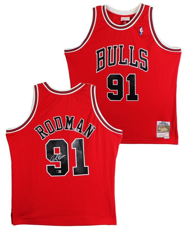 Bulls Dennis Rodman Signed Red Mitchell & Ness HWC Swingman Jersey BAS Witnessed