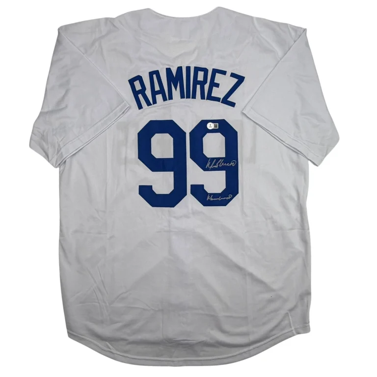 Autographed/Signed Manny Ramirez Los Angeles White Jersey Beckett BAS COA