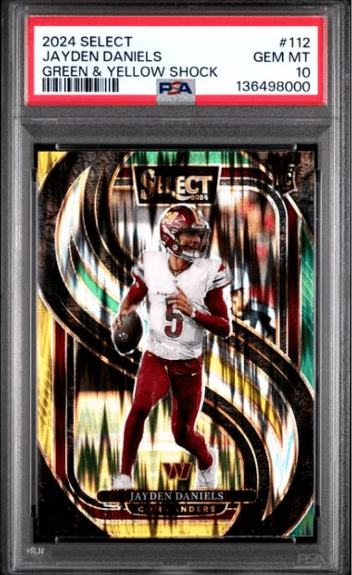 Graded 2024 Select Jayden Daniels #112 Green & Yellow Shock RC Card PSA 10