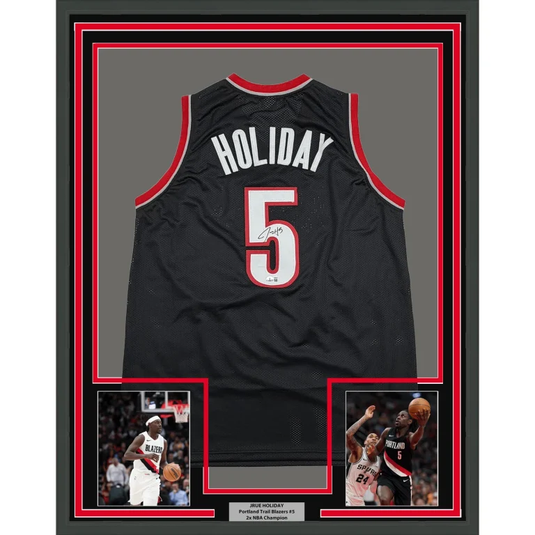 Framed Autographed Jrue Holiday Portland Black Basketball Jersey BAS COA