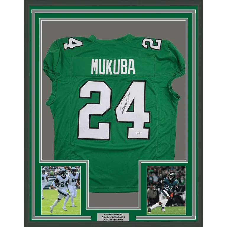 Framed Autographed Andrew Mukuba Philadelphia Kelly Pro Cut Jersey JSA COA