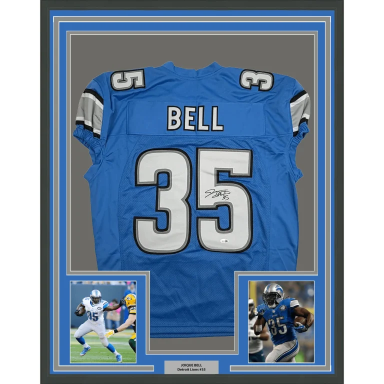Framed Autographed Joique Bell Detroit Blue Pro Cut Football Jersey JSA COA