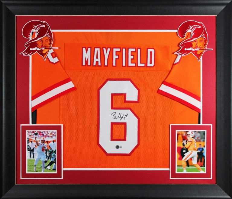 Baker Mayfield Signed Orange Throwback Pro Style Framed Jersey BAS Witnessed
