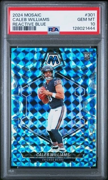 Graded 2024 Mosaic Caleb Williams 301 Reactive Blue RC Football Card PSA 10