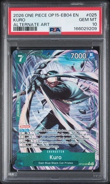 Graded 2026 One Piece Kuro #025 OP15 EB04 EN Alternate Art TCG PSA 10