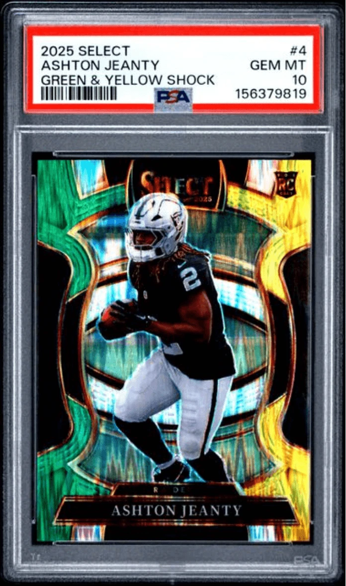Graded 2025 Select Ashton Jeanty #4 Green & Yellow Shock Rookie Card PSA 10