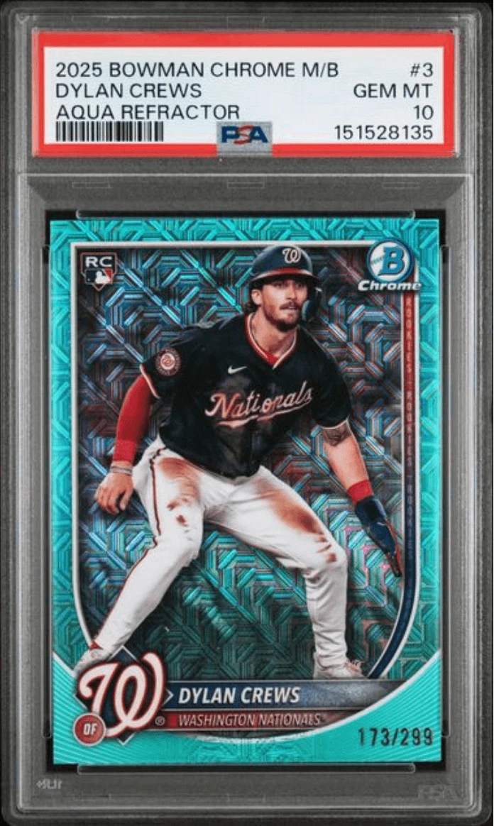 Graded 2025 Bowman Chrome MB Dylan Crews #3 Aqua /299 Rookie Card PSA 10
