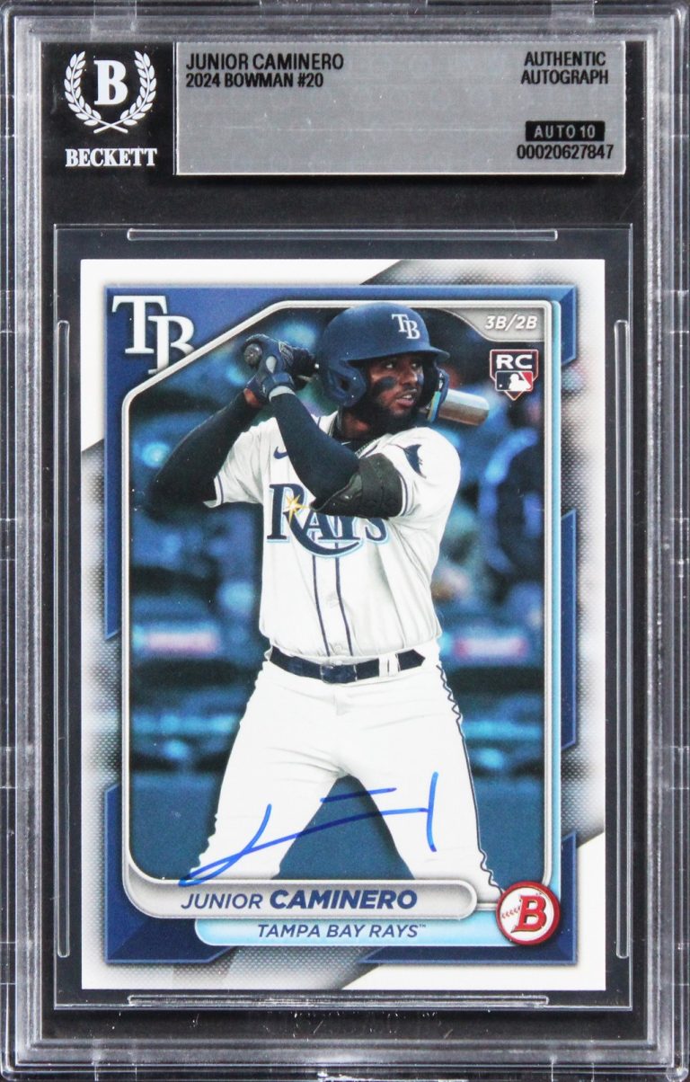Rays Junior Caminero Signed 2024 Bowman #20 Rookie Card Auto GM 10! BAS Slabbed