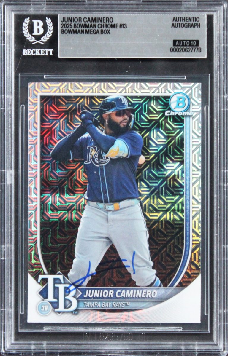 Rays Junior Caminero Signed 2025 Bowman Chrome #13 Card Auto GM 10! BAS Slabbed