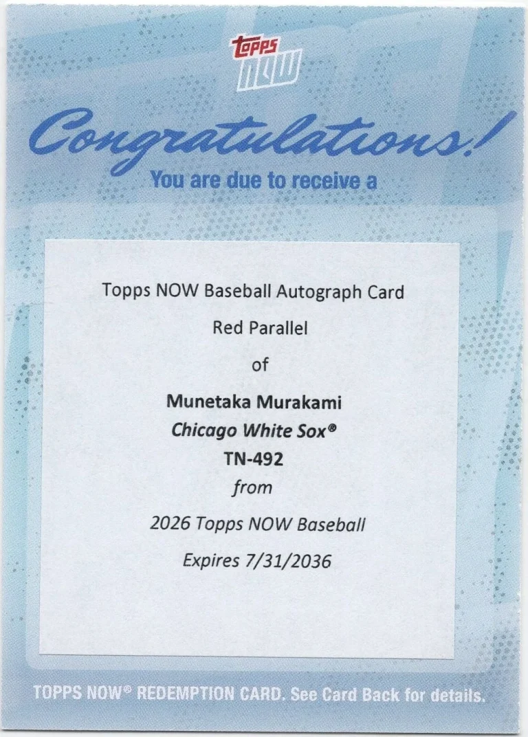 2026 Topps Now Munetaka Murakami #492 Red Foil Auto /5 RC Redemption Card