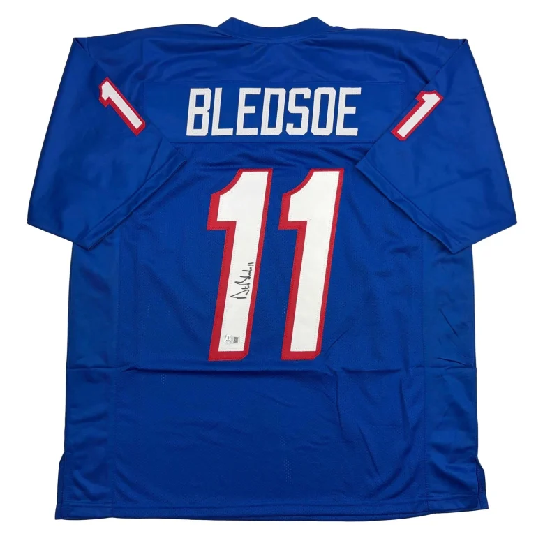 Autographed/Signed Drew Bledsoe New England Blue Jersey Beckett BAS COA