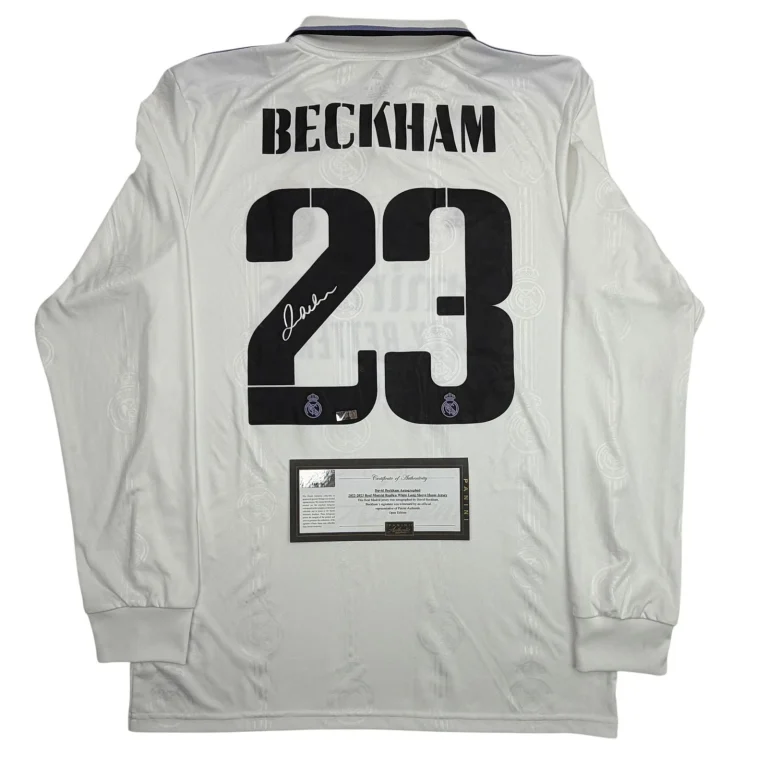 Autographed/Signed David Beckham Real Madrid White Soccer Jersey Panini COA