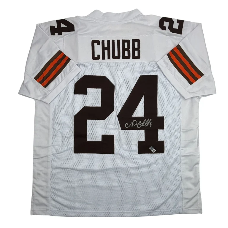 Autographed/Signed Nick Chubb Cleveland White Football Jersey Beckett COA