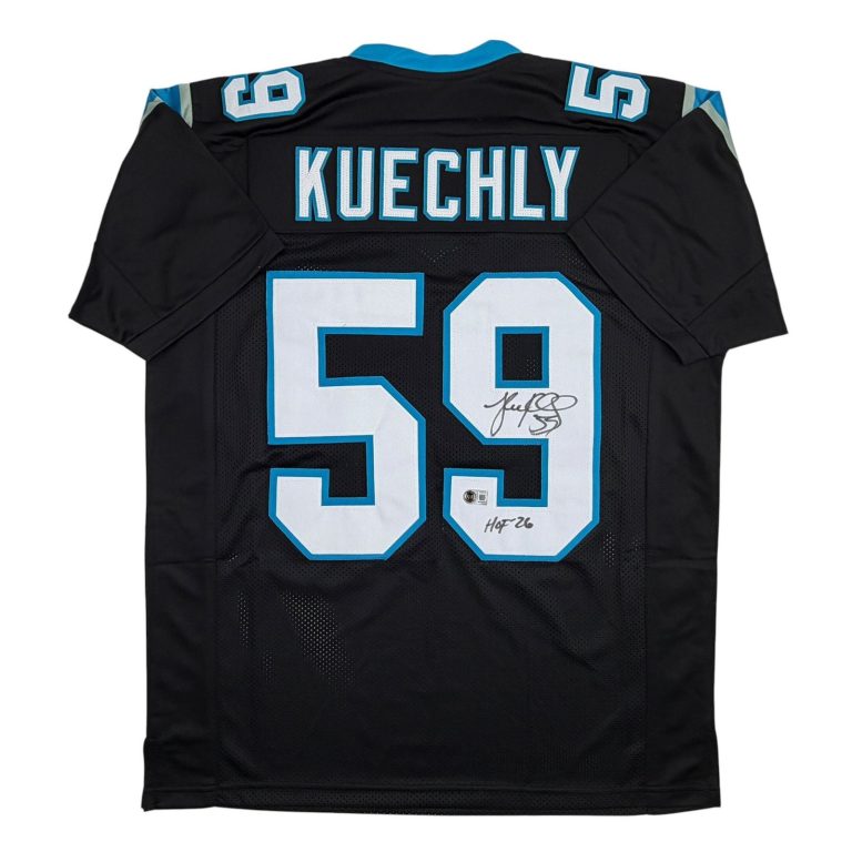 Autographed/Signed Luke Kuechly HOF Carolina Black Jersey Beckett BAS COA