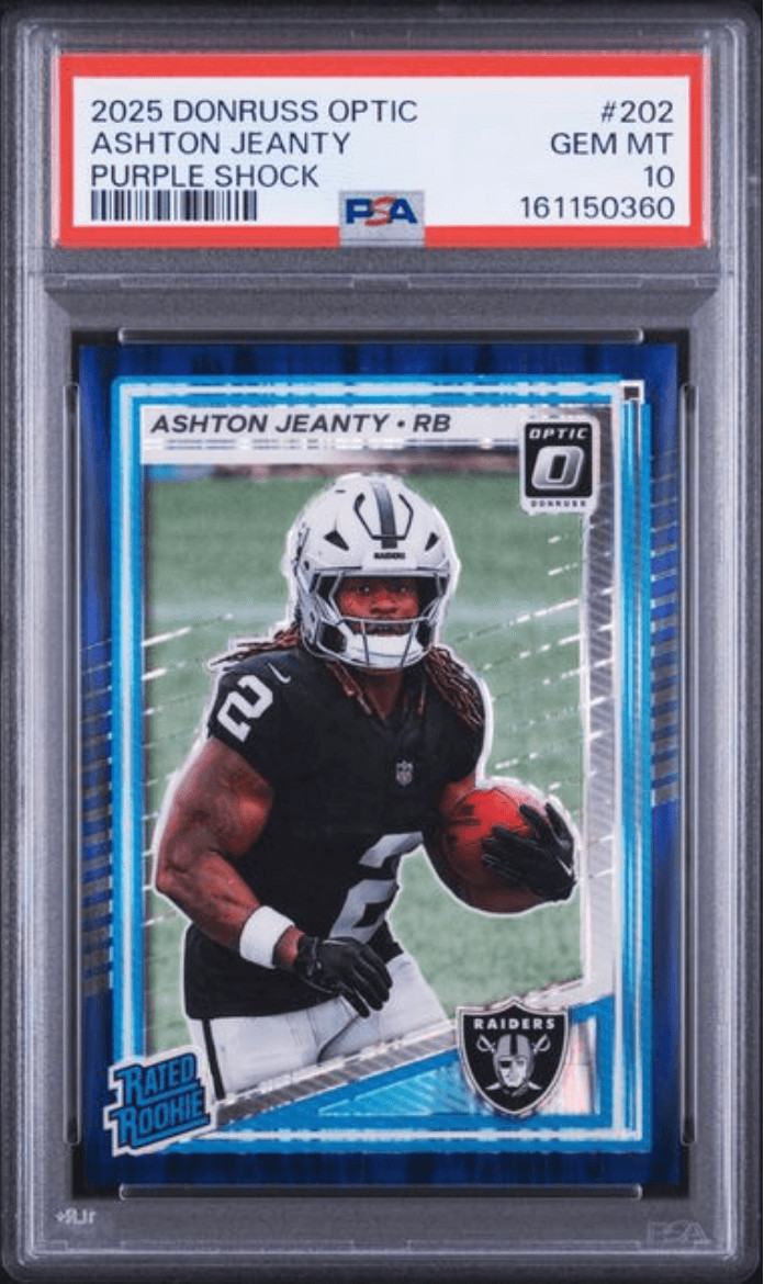 Graded 2025 Donruss Optic Ashton Jeanty #202 Purple Shock RC Card PSA 10