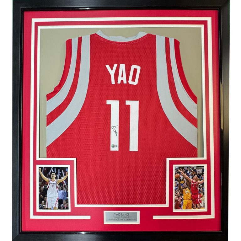 Framed Autographed/Signed Yao Ming 35x39 Houston Red Jersey BAS COA