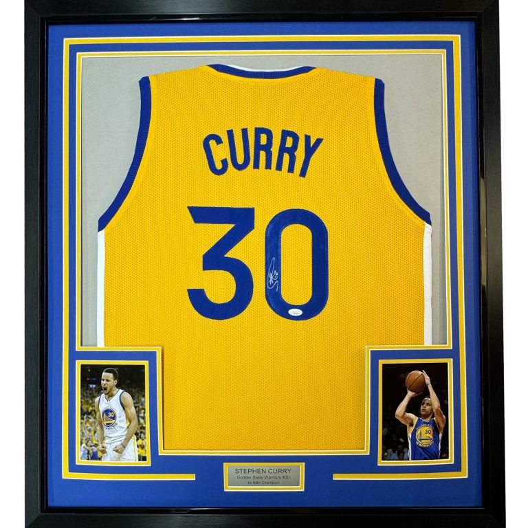 Framed Autographed/Signed Stephen Steph Curry 33x42 Yellow Jersey JSA COA