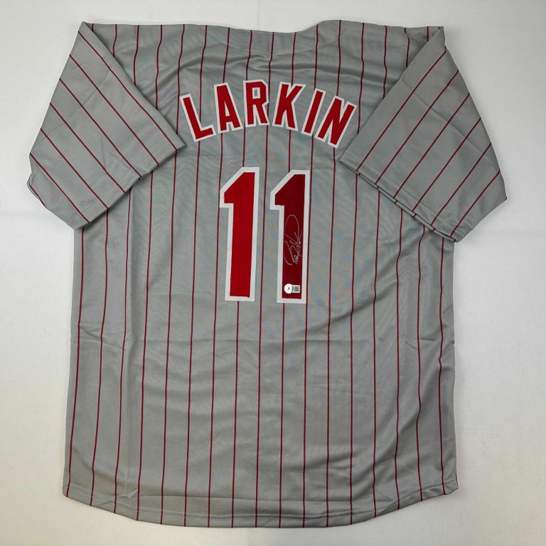 Autographed/Signed Barry Larkin Cincinnati Grey Pinstripe Jersey Becket