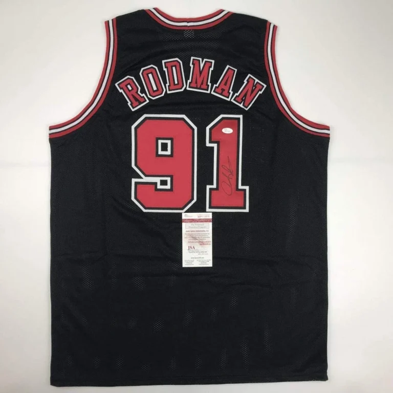 Autographed/Signed DENNIS RODMAN Chicago Black Jersey JSA COA Auto