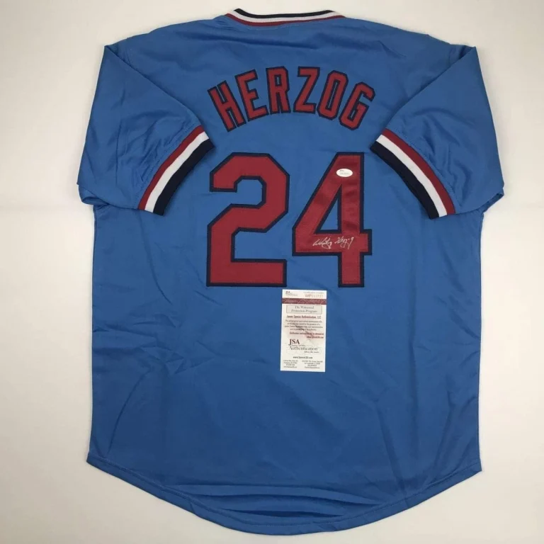 Autographed/Signed WHITEY HERZOG St. Louis Blue Jersey JSA COA Auto