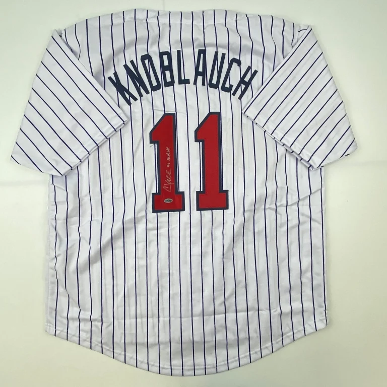 Autographed/Signed Chuck Knoblauch Minnesota Pinstripe Jersey Leaf COA